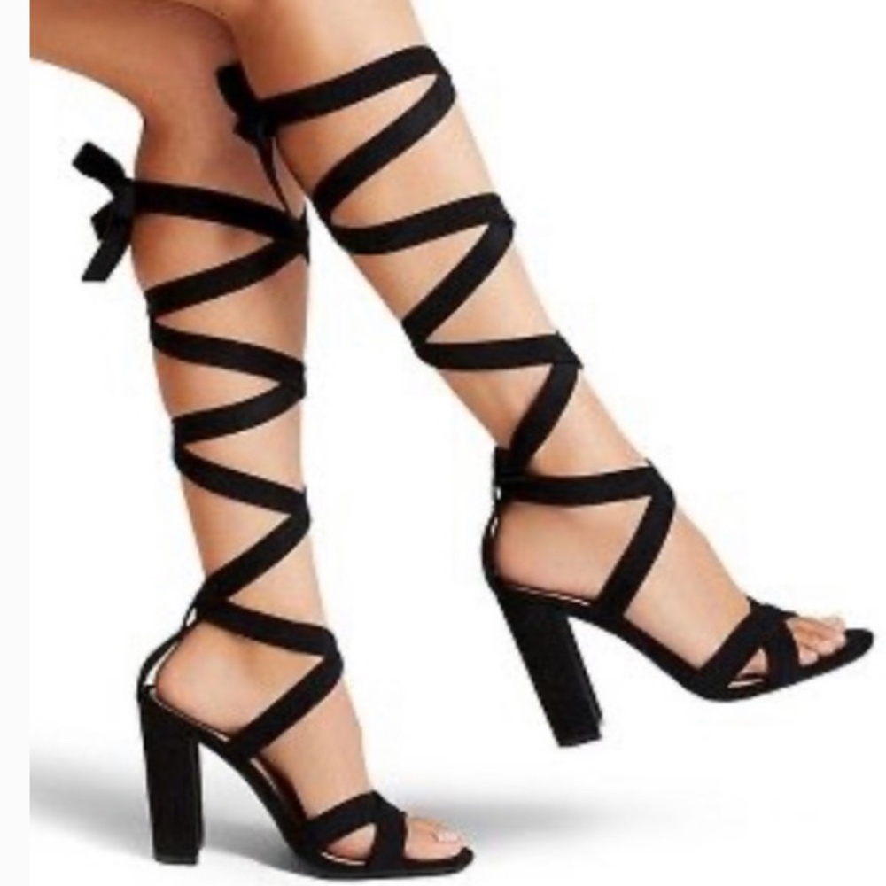Olivia z tie wrap lace up block heels black suede heels